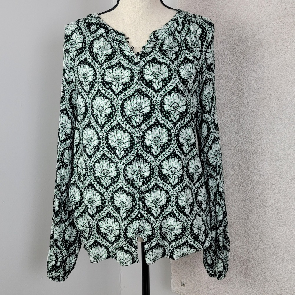 White House Black Market Blouse Women L Mint Green Damask Print Long Sleeve Top - Picture 2 of 14